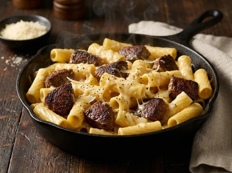 Cajun Steak Tips in Cheesy Rigatoni Parmesan Sauce