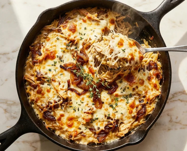 French Onion Chicken Orzo Casserole