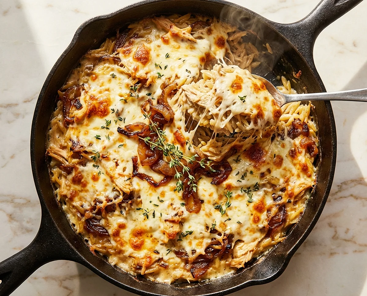 French Onion Chicken Orzo Casserole