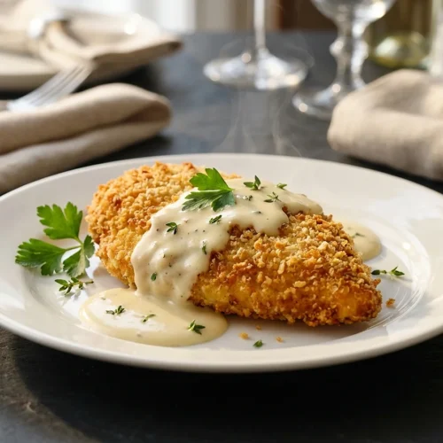 Parmesan Crusted Chicken with Creamy Garlic Sauce
