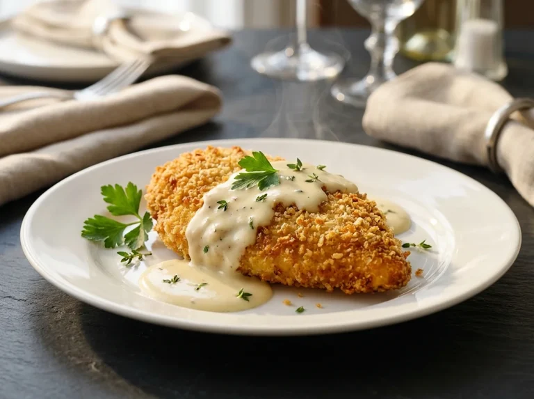Parmesan Crusted Chicken with Creamy Garlic Sauce