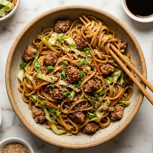 Potsticker Noodle Bowl with Pork & Cabbage Slaw