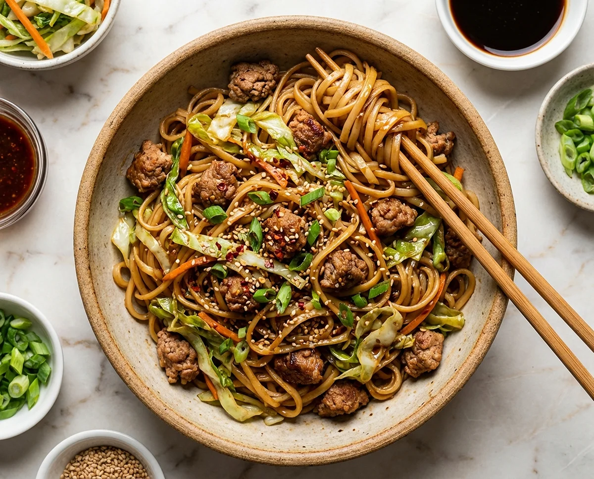Potsticker Noodle Bowl with Pork & Cabbage Slaw