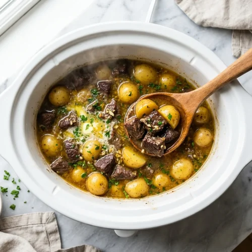 Slow Cooker Garlic Butter Beef Bites with Potatoes