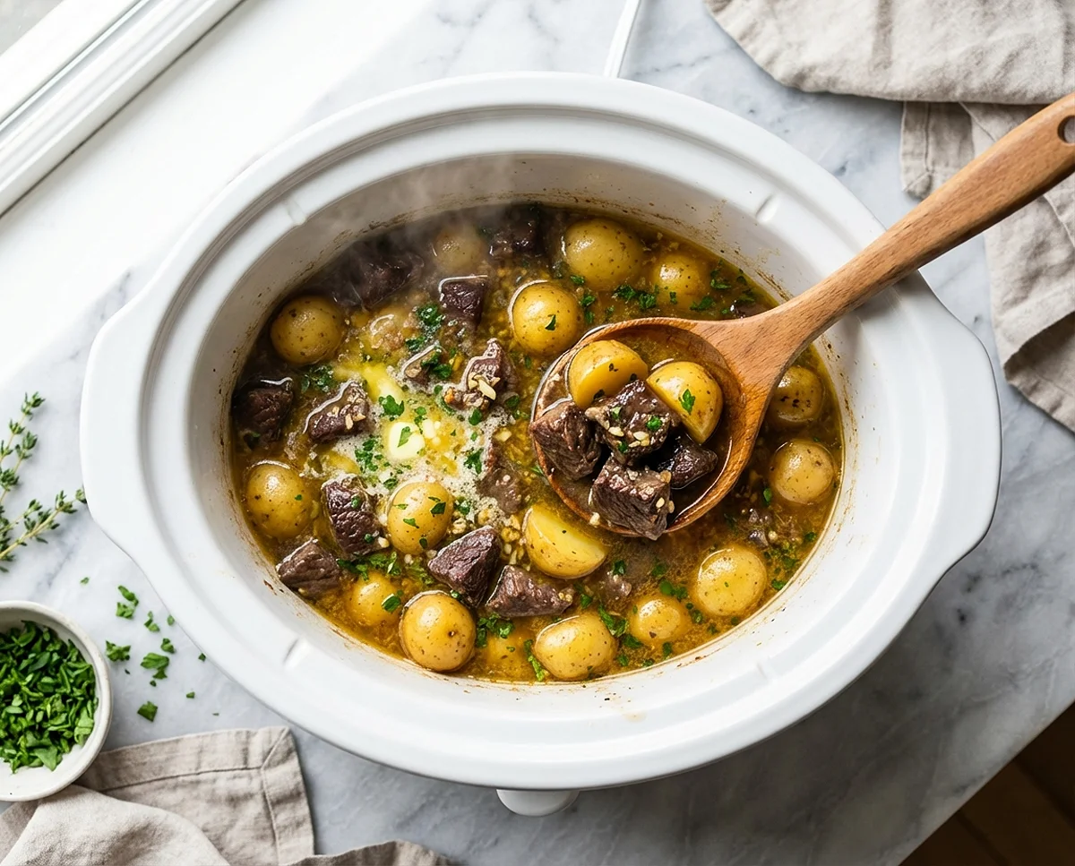 Slow Cooker Garlic Butter Beef Bites with Potatoes