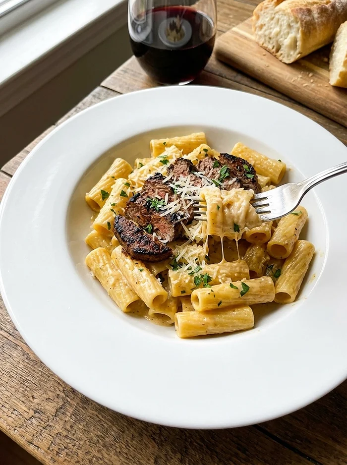 Cajun Steak Tips in Cheesy Rigatoni Parmesan Sauce 4 Steak And Pasta Dinner Ideas