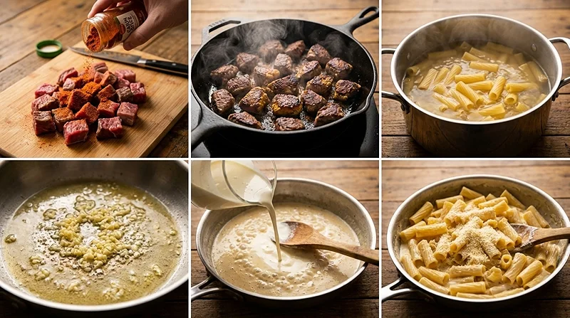 Cajun Steak Tips in Cheesy Rigatoni Parmesan Sauce 3 Steak Dinner Ideas Pasta