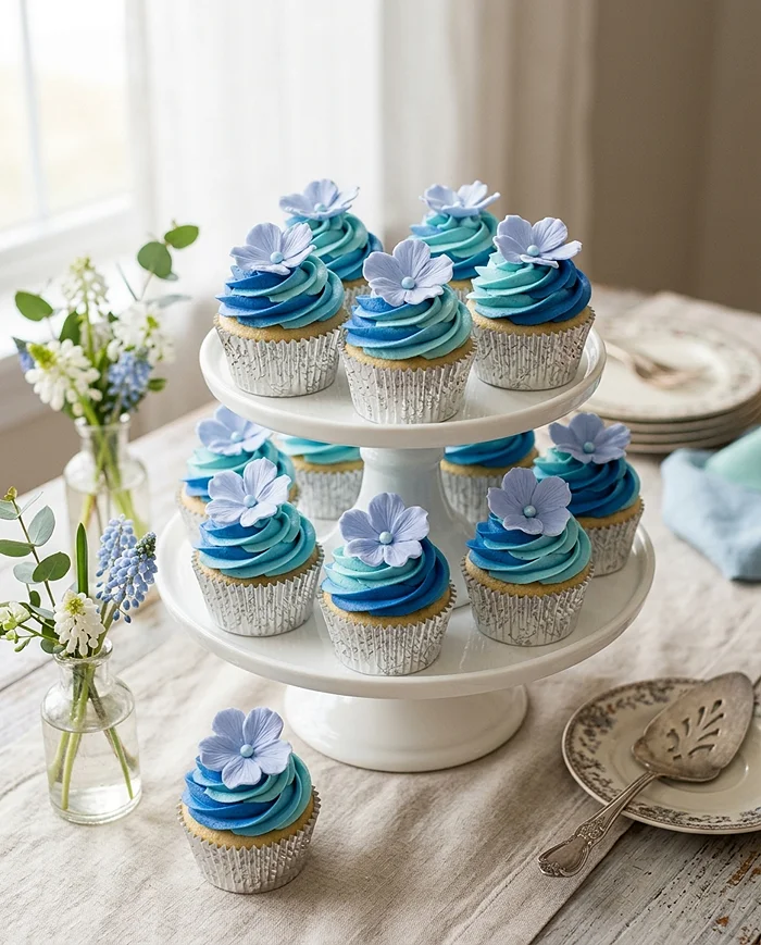 Spring Cupcakes with Blue Flowers 4 Birthday Party Dessert Inspiration