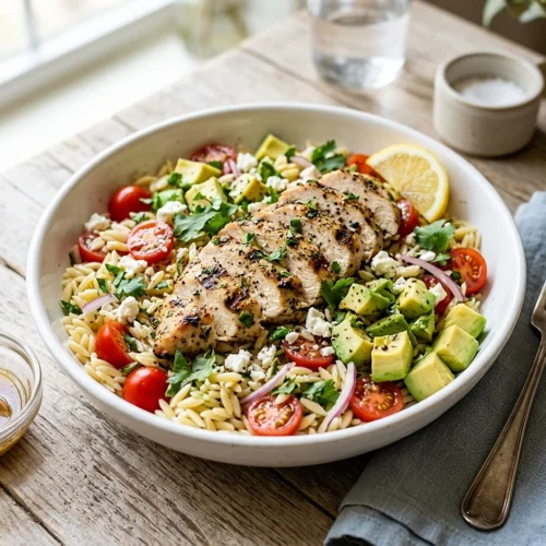 Grilled Chicken Orzo Salad with Avocado