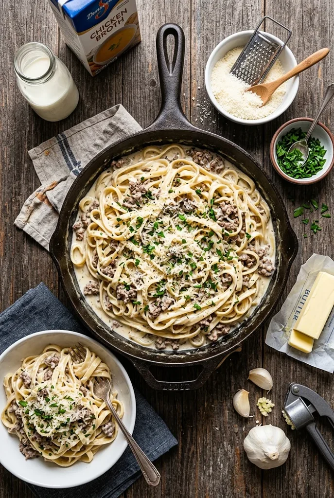One Pot Creamy Beef And Butter Garlic Pasta