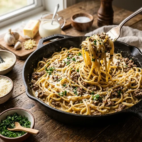 One-Pot Creamy Beef and Garlic Butter Pasta