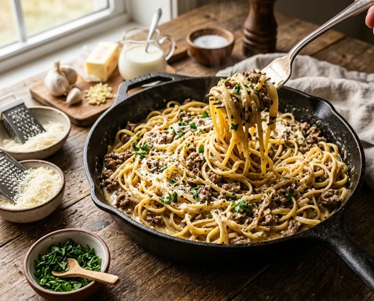 One-Pot Creamy Beef and Garlic Butter Pasta
