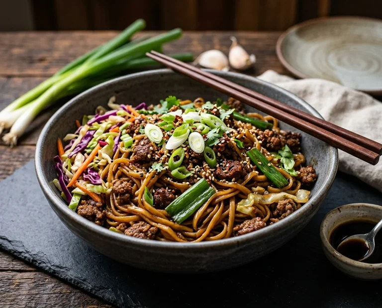 Potsticker Noodle Bowl with Beef & Cabbage Slaw