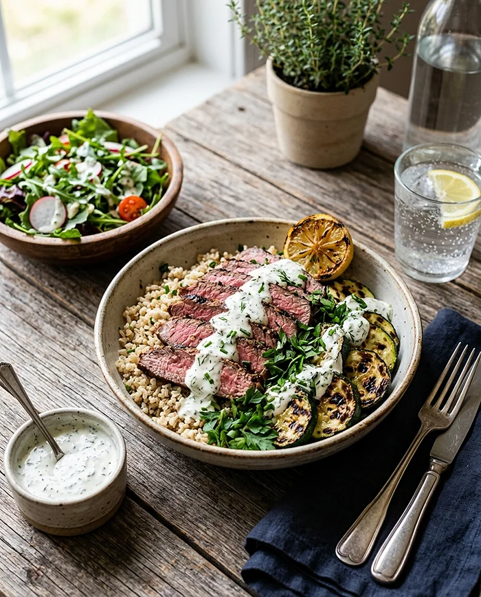 Grilled Steak & Zucchini Bowl with Creamy Sauce 4 Steak Dinner