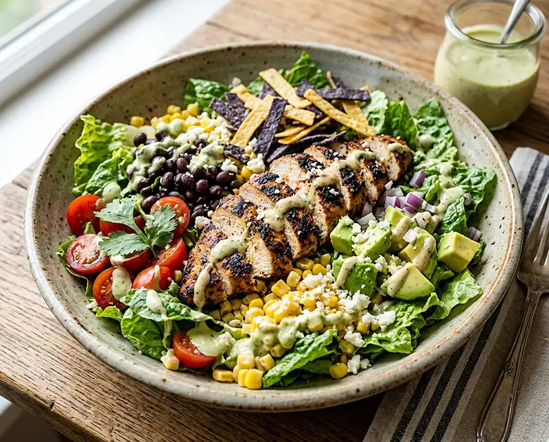 A hearty Southwestern chicken salad topped with grilled chicken, avocado, corn, and tortilla strips.