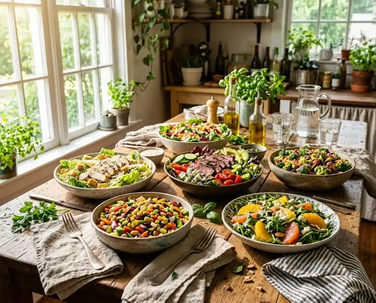 A rustic table filled with colorful savory salad recipes including steak salad, Caesar salad, and chopped salads.