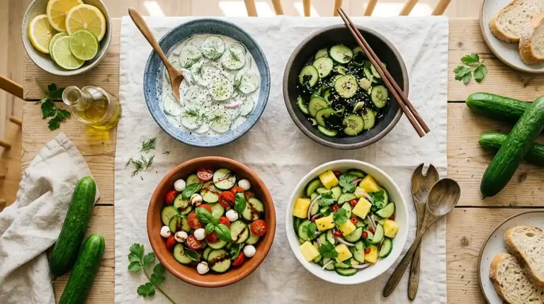 Assorted cucumber salads served in bowls on a rustic summer table with fresh ingredients and sunlight.