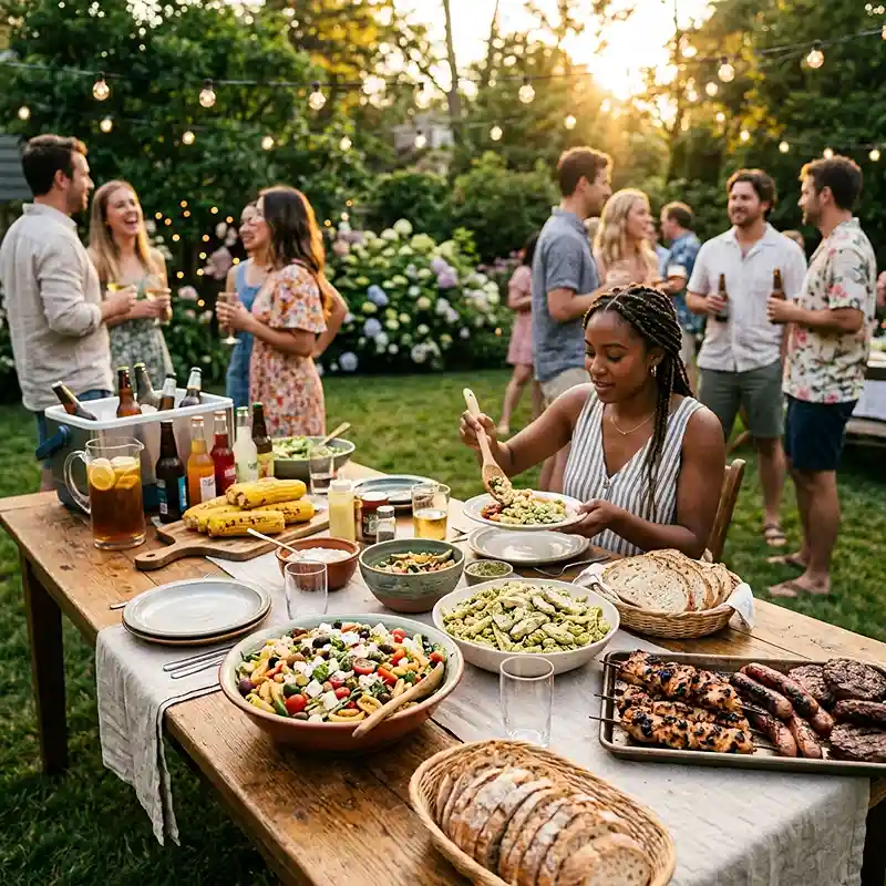 Backyard potluck table filled with pasta salads bowls, grilled food, and summer drinks during a sunny cookout gathering.
