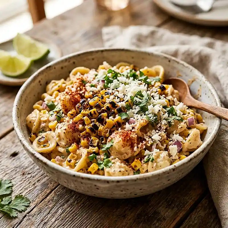 Close-up creamy Mexican street corn pasta salad with cotija cheese, chili powder, lime, and fresh cilantro in a rustic bowl.