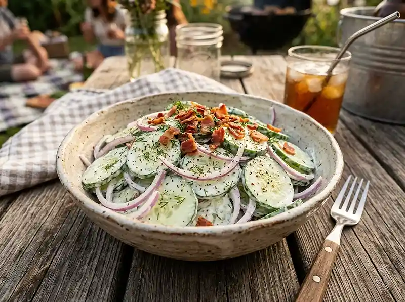 Creamy cucumber salad with bacon, dill, and onion in a rustic bowl.