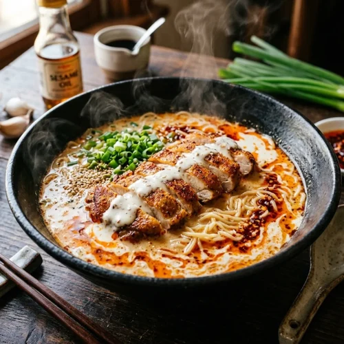 Fiery Chicken Ramen with Creamy Garlic Sauce