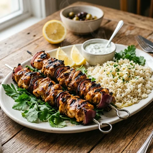 Grilled Chicken Skewers with Garlic Rice