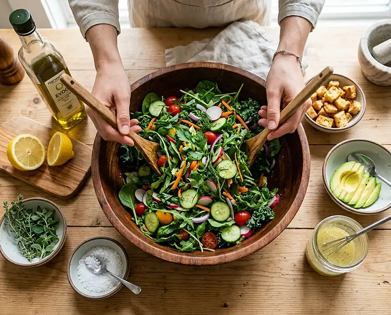 Hands tossing a fresh green salad with homemade lemon vinaigrette in a wooden bowl.