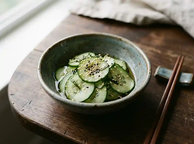 Japanese sunomono cucumber salad in a ceramic bowl with sesame seeds and chopsticks