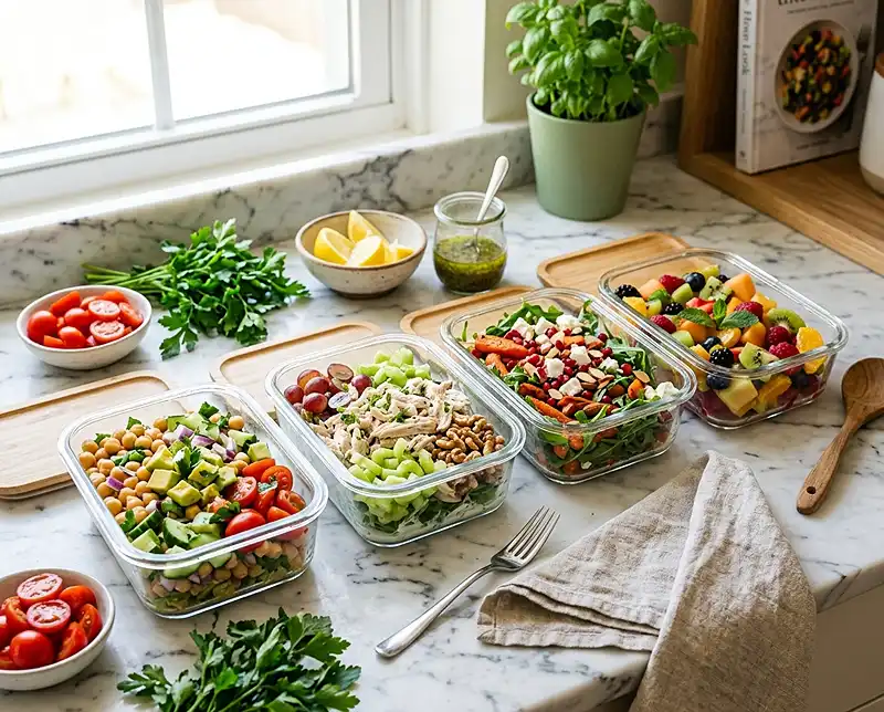 Meal-prep savory salads arranged in glass containers with fresh vegetables and homemade dressings.