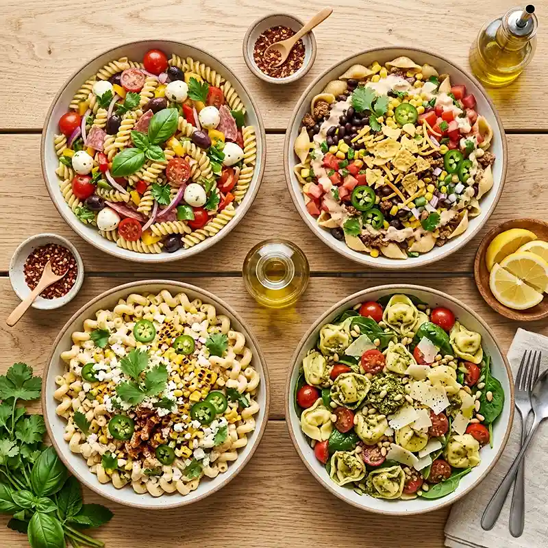 Overhead flat lay of multiple pasta salad bowls arranged picnic-style with fresh herbs, lemon wedges, and summer garnishes