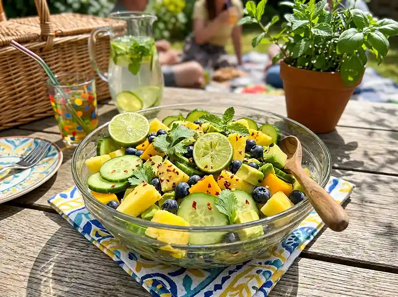 Tropical cucumber salad with pineapple, mango, blueberries, and avocado in a glass bowl.