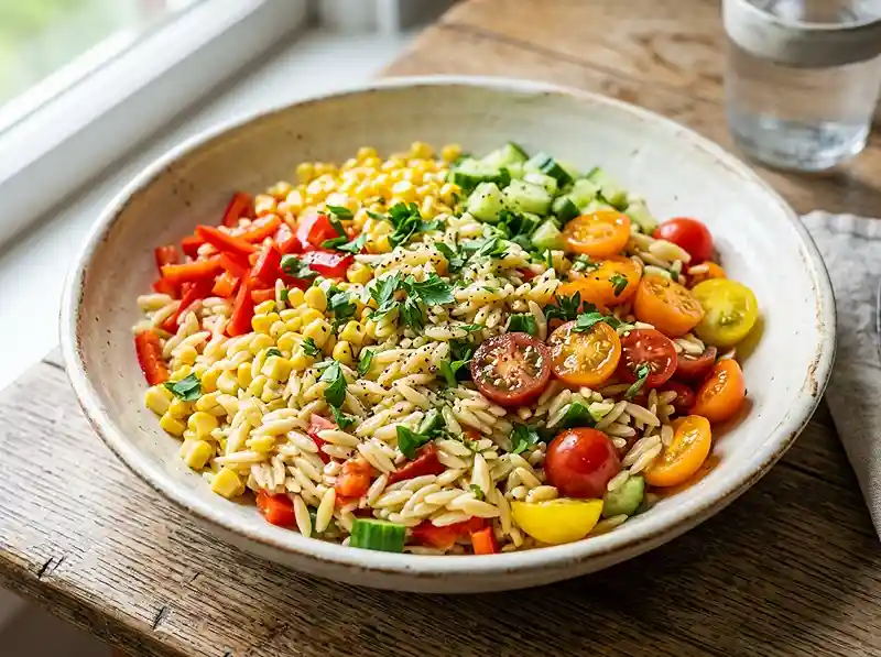 Close-up of rainbow orzo salad with bell peppers, corn, cucumber, and cherry tomatoes in a shallow bowl