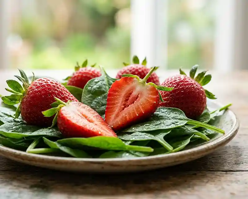 Close-up of ripe strawberries resting on fresh baby spinach leaves with water droplets