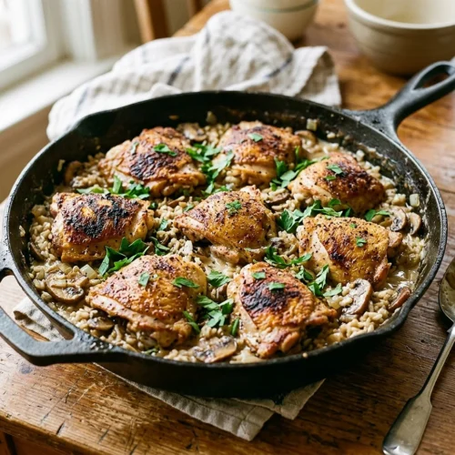Creamy Mushroom Chicken Rice Skillet