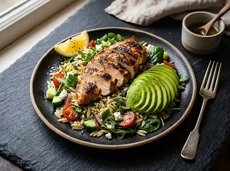 Grilled chicken orzo salad with sliced avocado on a dark plate with a fork and lemon wedge