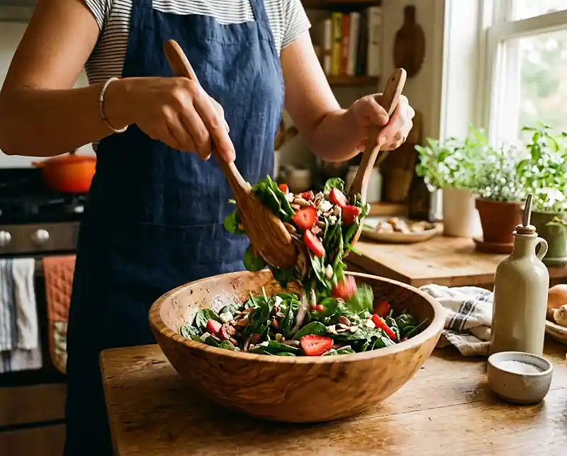 Hands tossing a fresh strawberry spinach salad in a large wooden bowl with warm kitchen light in the background