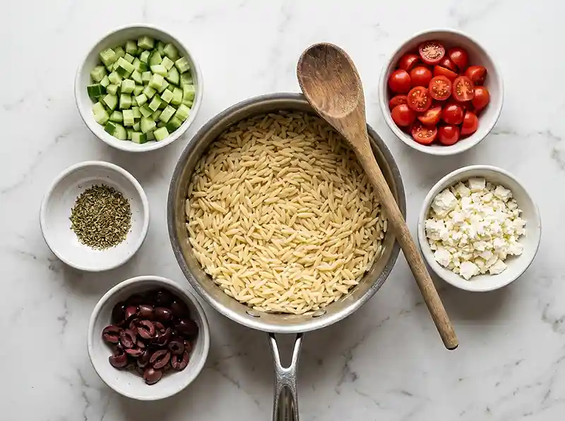 Orzo salads ingredients prepped in small bowls around a pot of cooked orzo on a marble surface