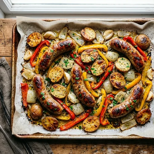 Sheet Pan Sausage Peppers and Potatoes