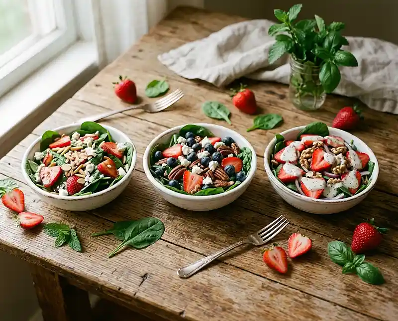 Three variations of strawberry spinach salad in white bowls on a wooden table, showing classic, blueberry, and poppyseed dressing versions