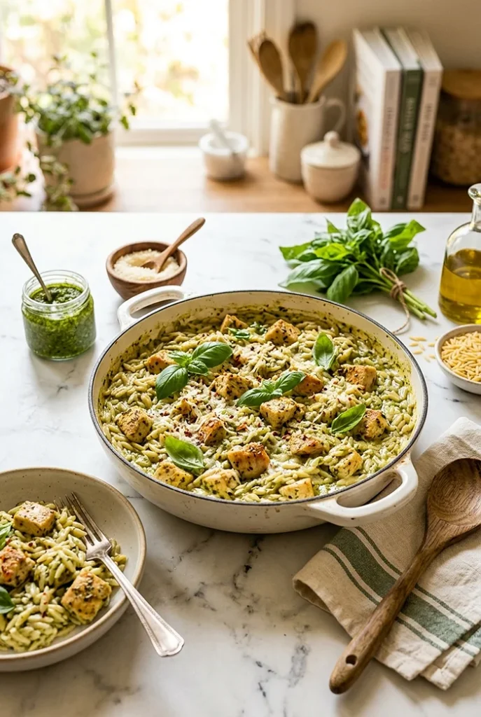 Pesto Chicken Orzo 4 chicken pasta bake