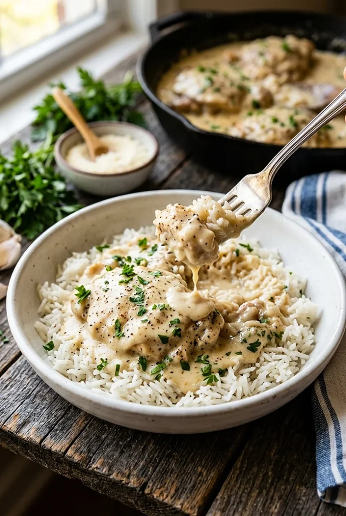 Creamy Smothered Chicken and Rice 4 comfort meal