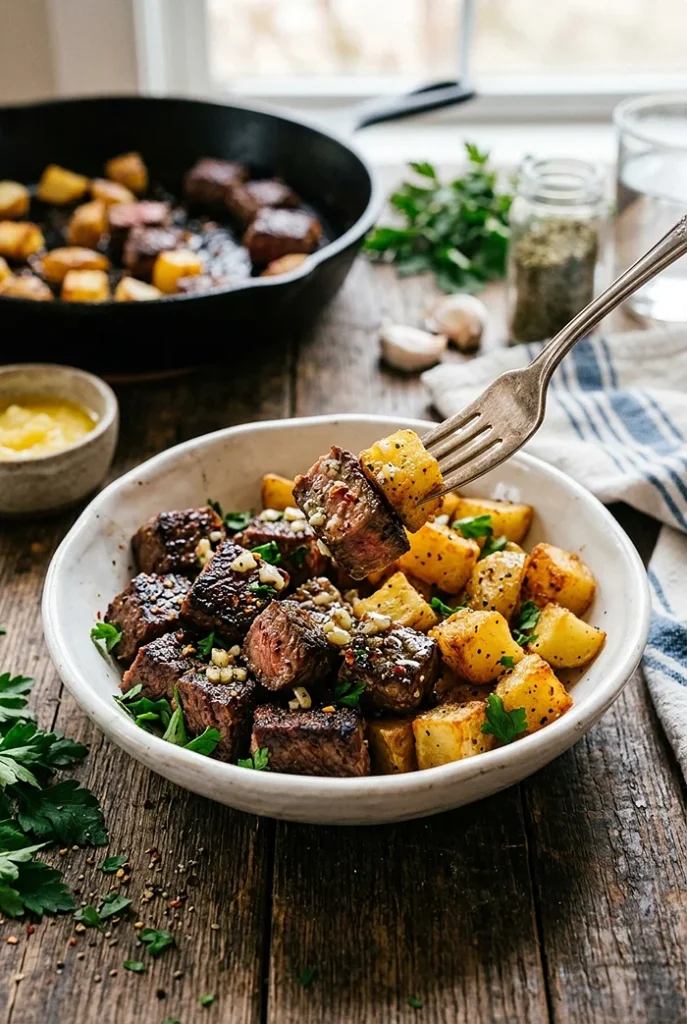 Garlic Butter Steak Bites with Potatoes 4 skillet dinner