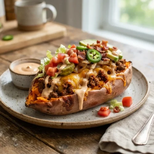 Cheeseburger Stuffed Sweet Potatoes