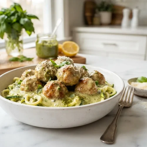 Creamy Pesto Turkey Meatball Bowls