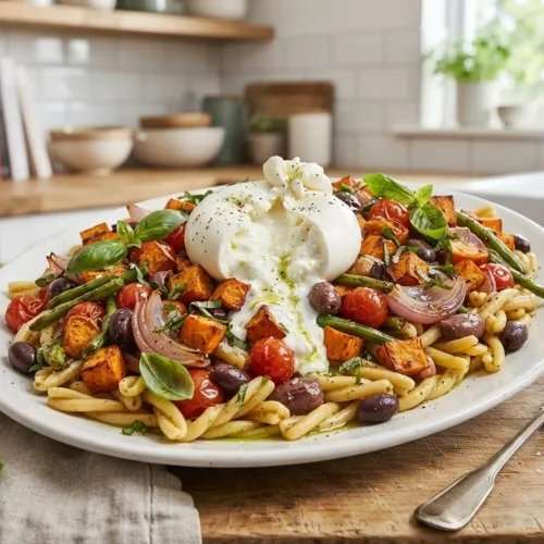 Roasted Veggie Burrata Pasta Salad