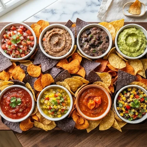 Salsa Board with Tortilla Chips 5 Salsa Board with Tortilla Chips