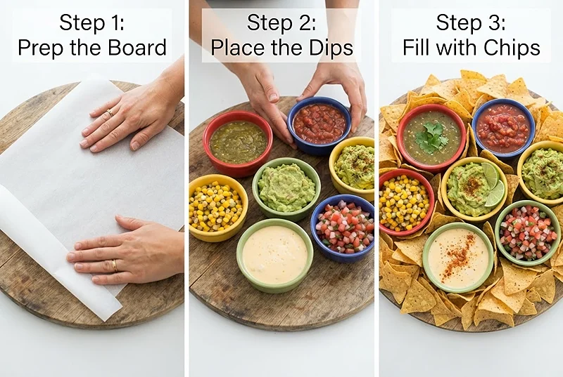 Salsa Board with Tortilla Chips 3 party snack board